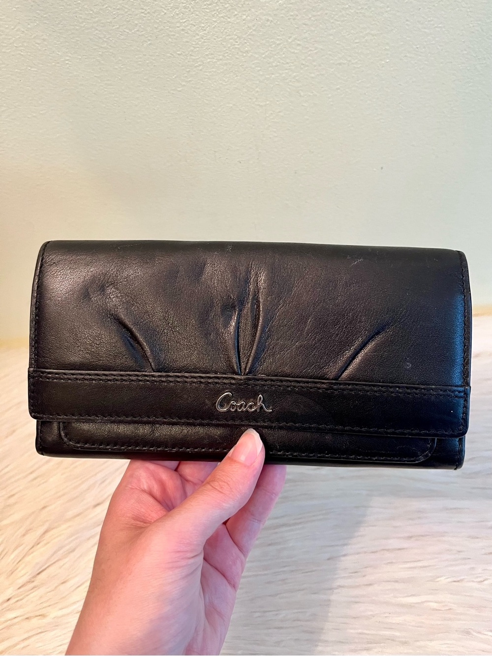 Coach Black Pleated Leather Trifold Wallet